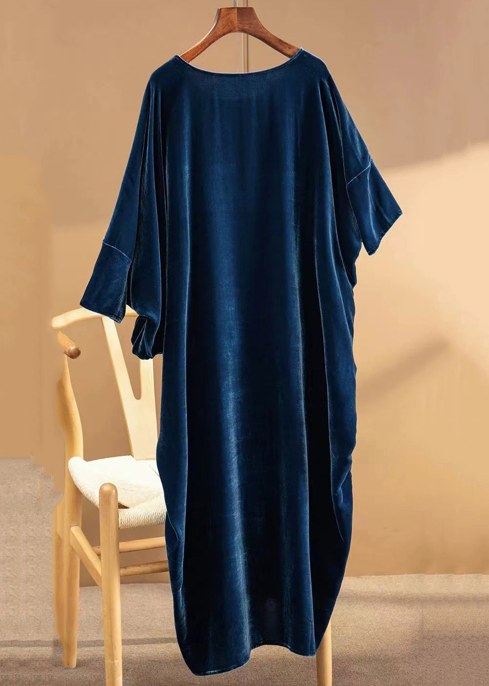 Velvet Oversized Batwing Sleeve Diagonal Seam Pocket Maxi Dress