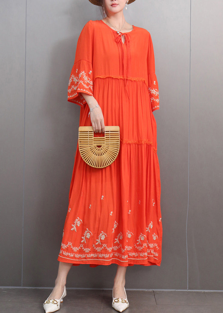 Embroidered Keyhole Neck Bell Sleeve Tiered Ruffle Maxi Dress