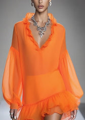 Loose Orange Ruffled Patchwork Chiffon Mid Dresses Spring 2
