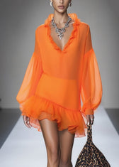 Loose Orange Ruffled Patchwork Chiffon Mid Dresses Spring 3