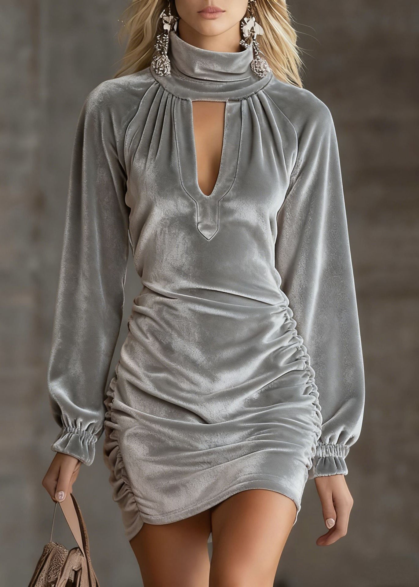 Velvet Mock Neck Cut Out Long Sleeve Ruched Bodycon Mini Dress