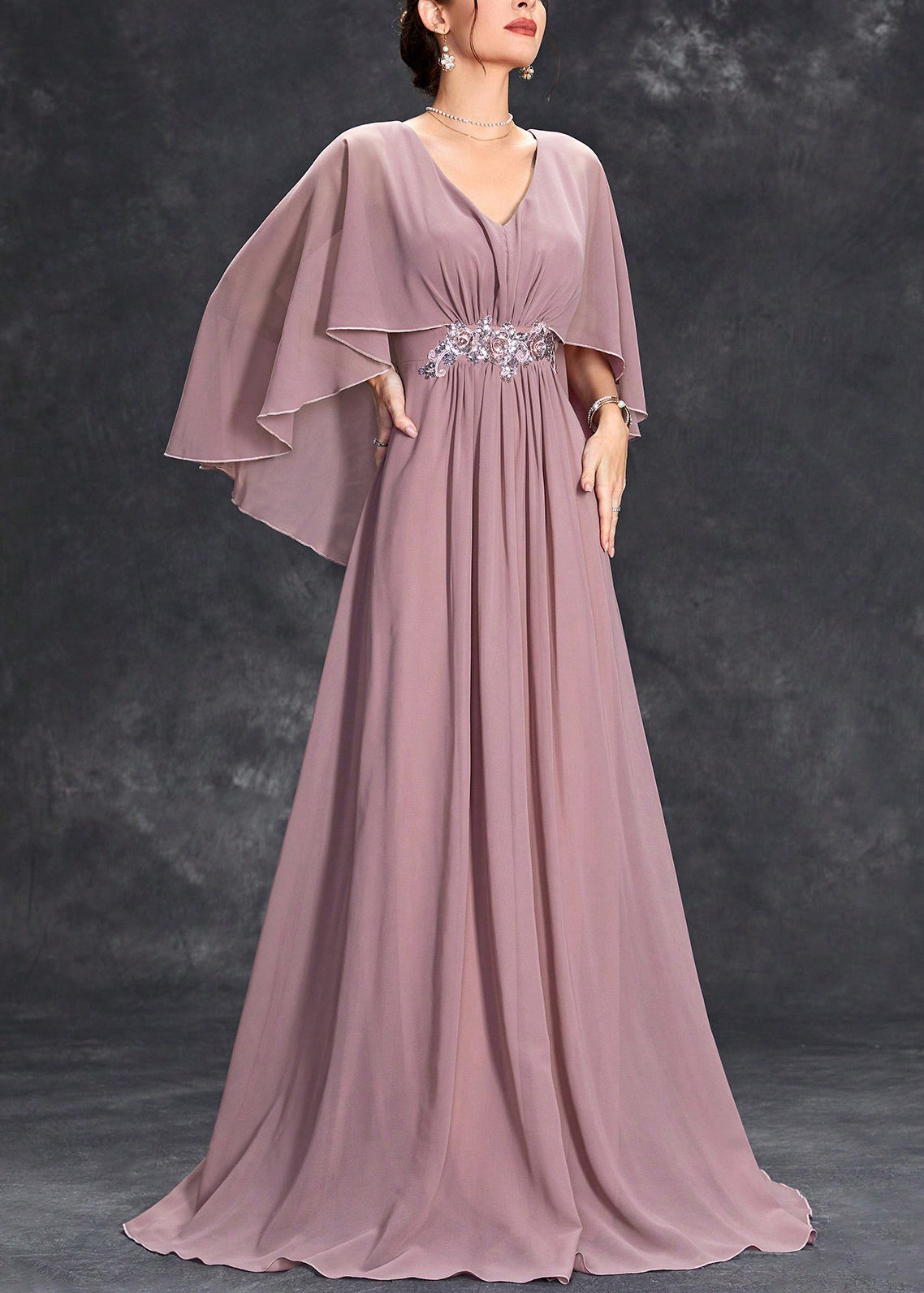 V-Neck Cape Sleeve Embellished Waist Chiffon Maxi Formal Gown 2