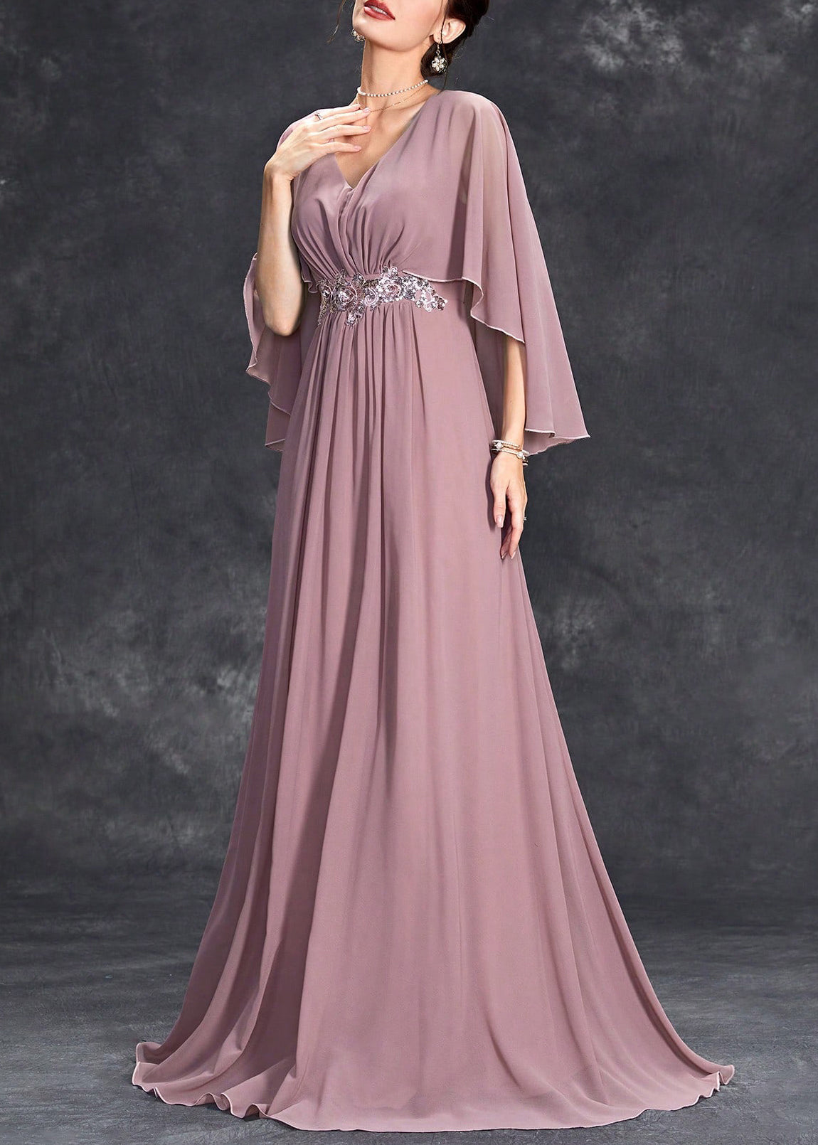 V-Neck Cape Sleeve Embellished Waist Chiffon Maxi Formal Gown 3
