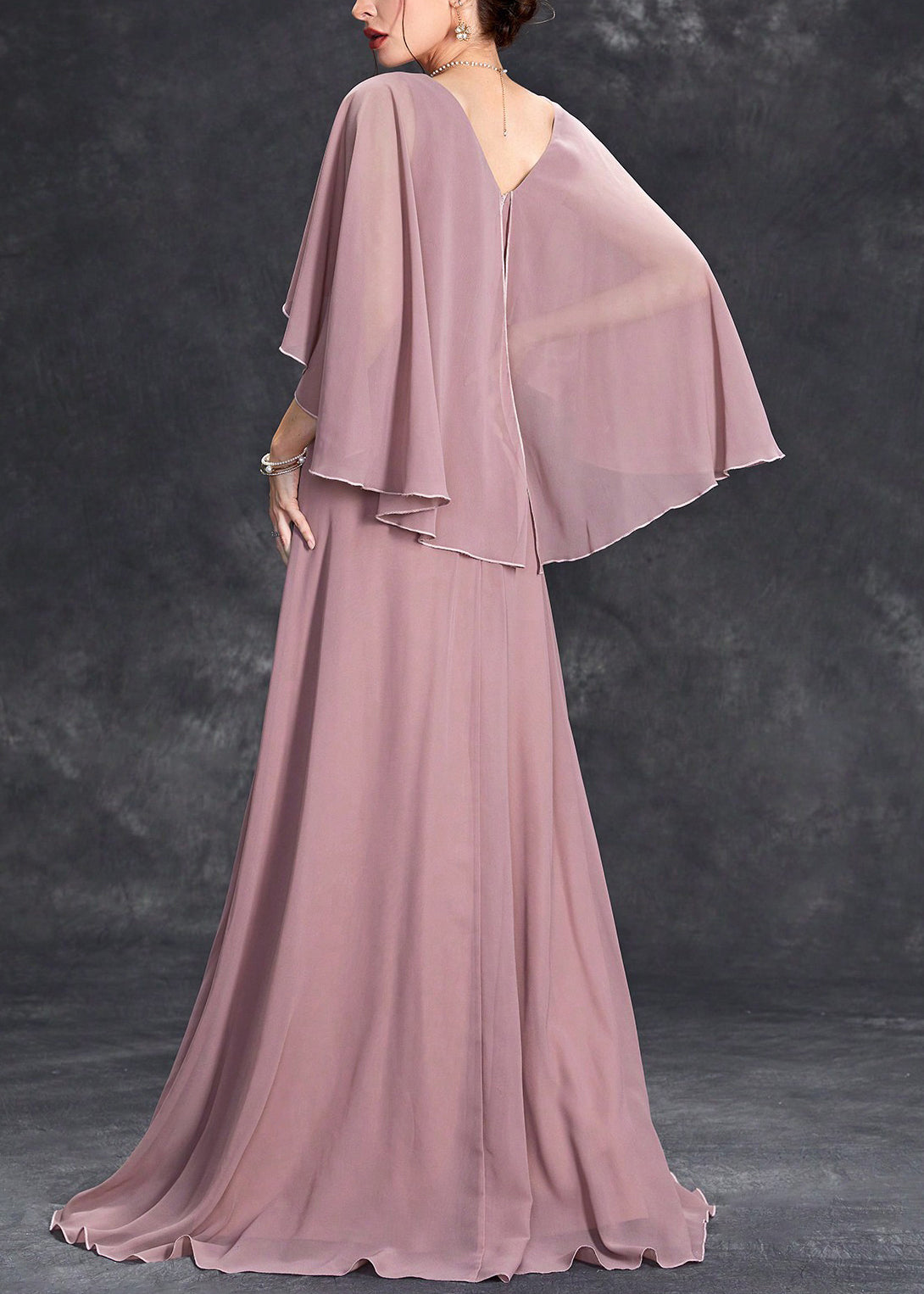 V-Neck Cape Sleeve Embellished Waist Chiffon Maxi Formal Gown 4