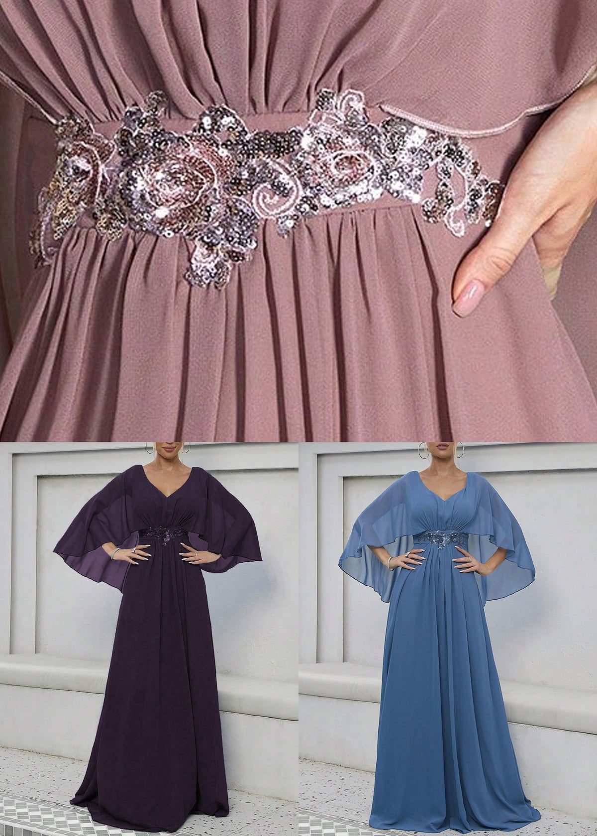 V-Neck Cape Sleeve Embellished Waist Chiffon Maxi Formal Gown 5