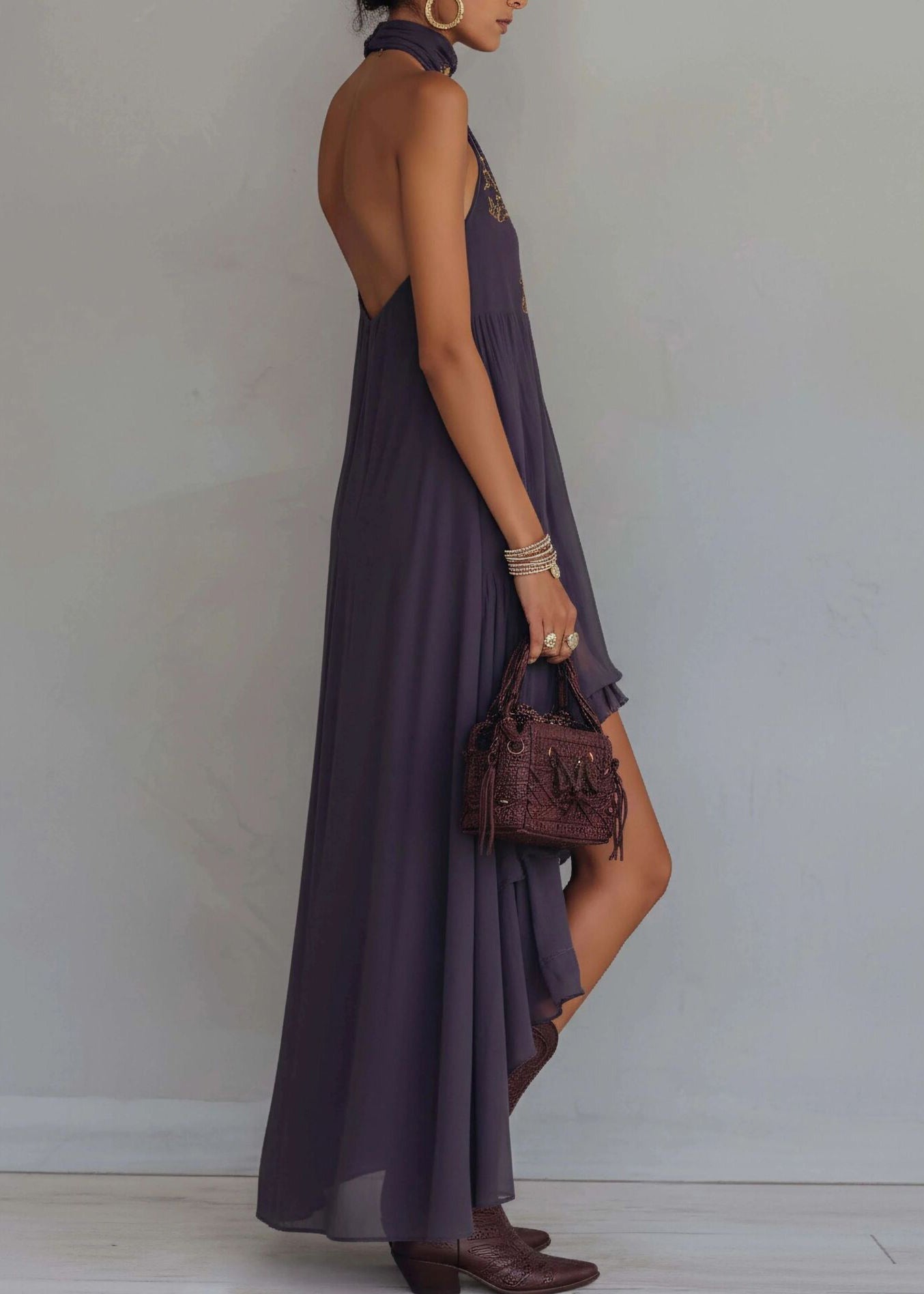 Embroidered Halter Neck Sleeveless Tiered Ruffle High Low Chiffon Midi Dress