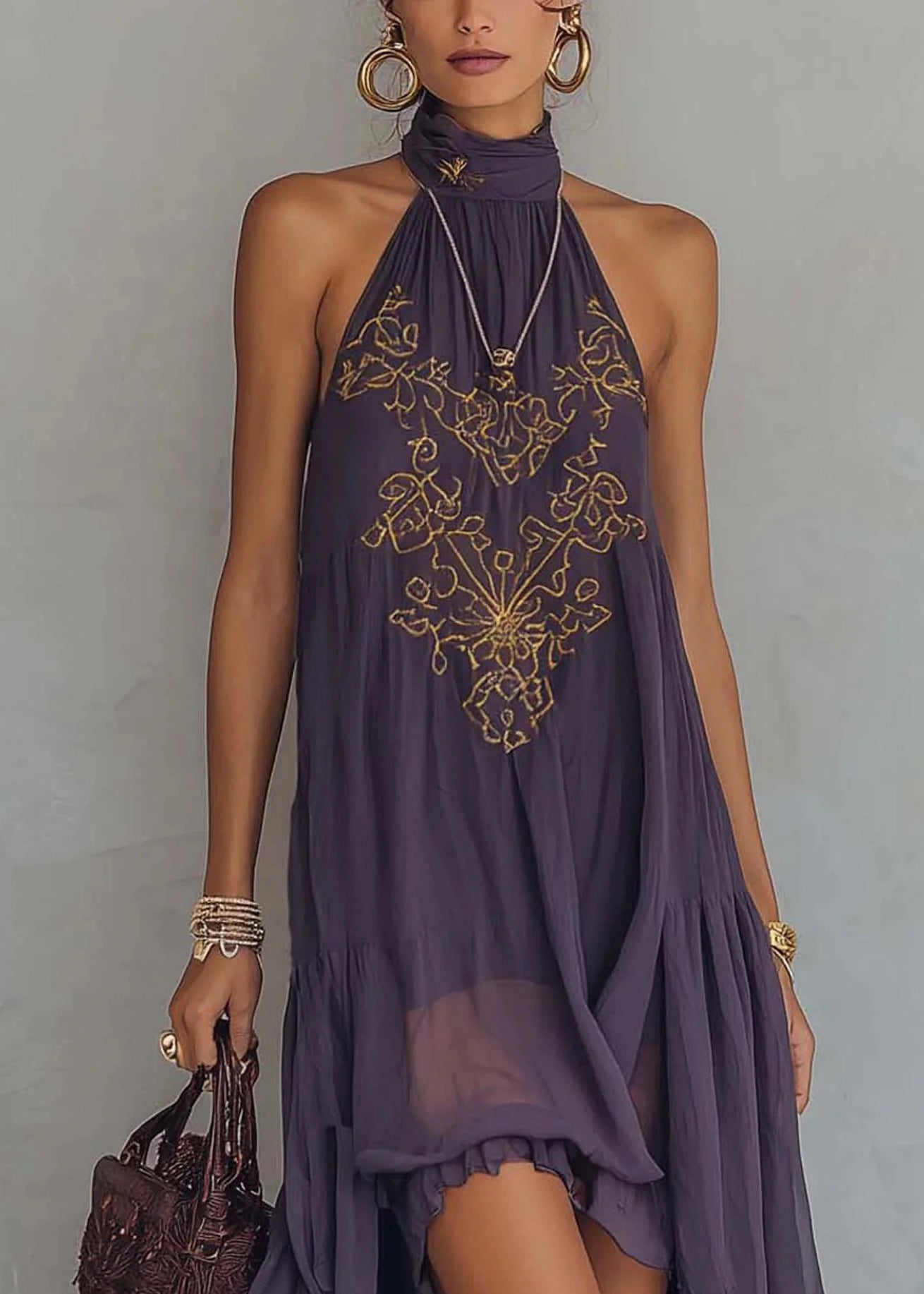 Embroidered Halter Neck Sleeveless Tiered Ruffle High Low Chiffon Midi Dress