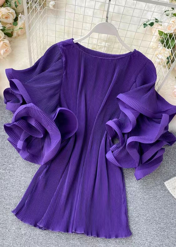 Loose Purple O-Neck Patchwork Chiffon Mini Dresses Butterfly Sleeve - View 2