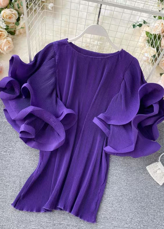 Loose Purple O-Neck Patchwork Chiffon Mini Dresses Butterfly Sleeve - View 3