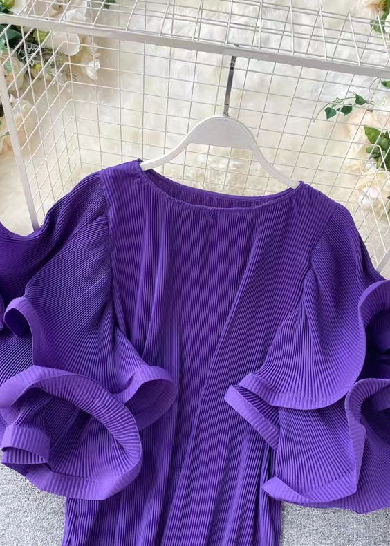 Loose Purple O-Neck Patchwork Chiffon Mini Dresses Butterfly Sleeve - View 4