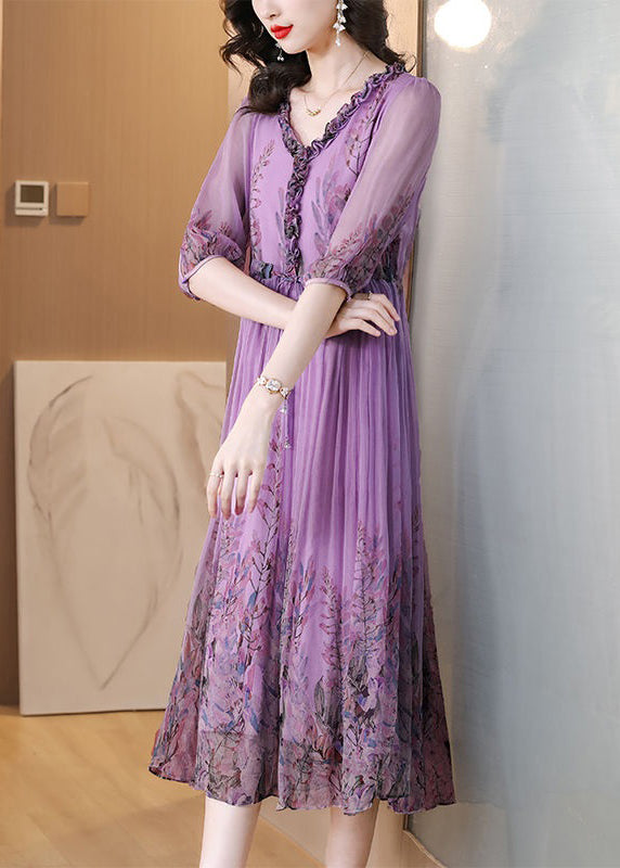 Loose Purple Ruffled Lace Up Print Chiffon Long Dress Half Sleeve 4