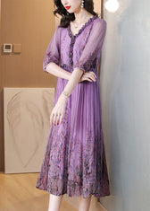 Loose Purple Ruffled Lace Up Print Chiffon Long Dress Half Sleeve 4