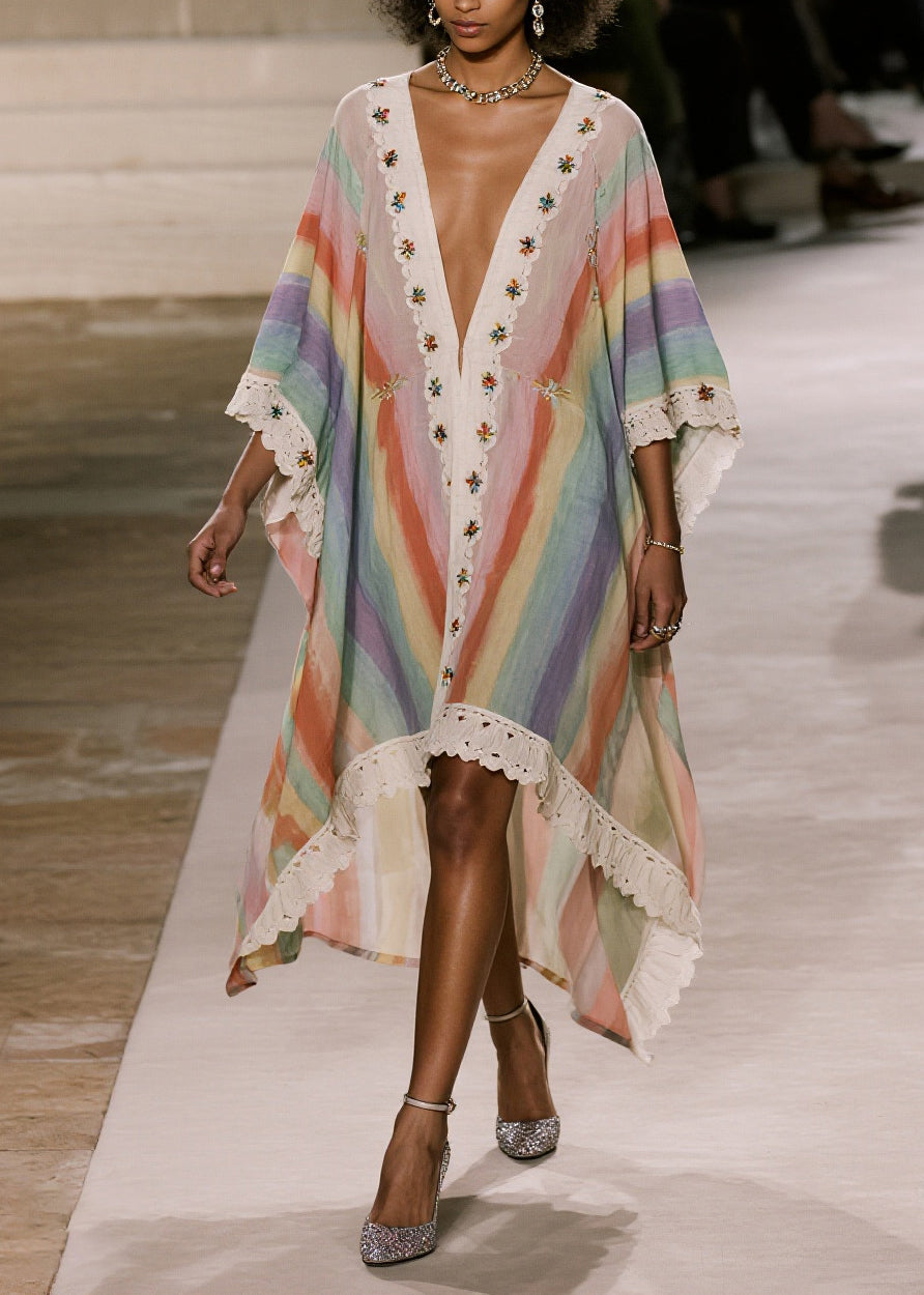 Striped Deep V-Neck Batwing Sleeve Scalloped Lace Trim High Low Kaftan Dress