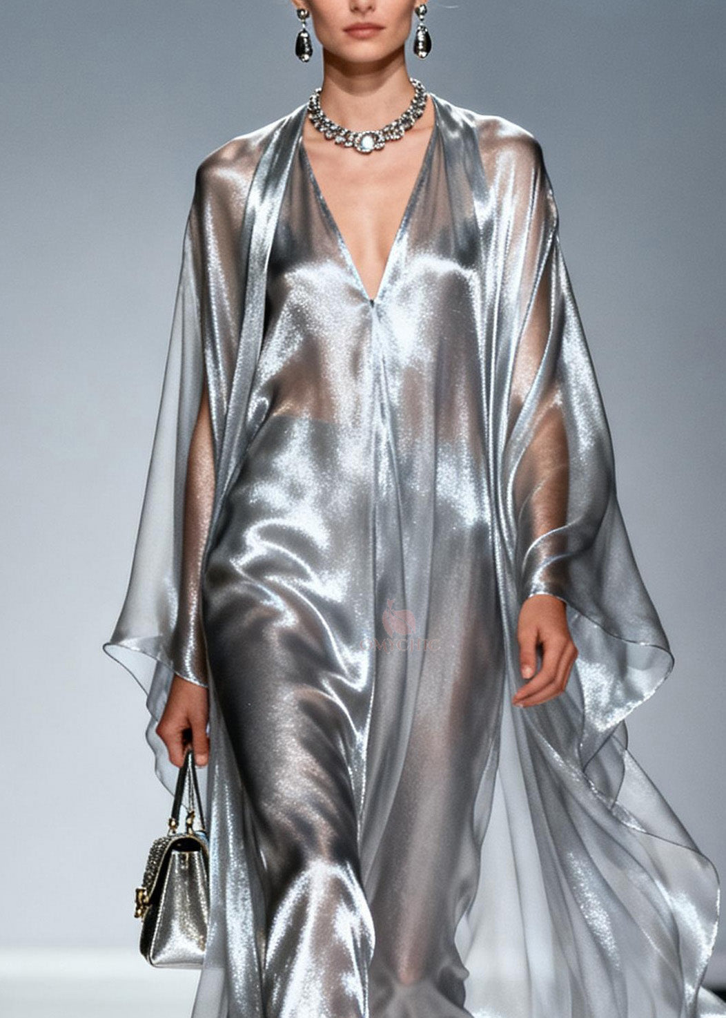 Metallic Sheer Deep V-Neck Floor Length Cape Sleeve Maxi Gown