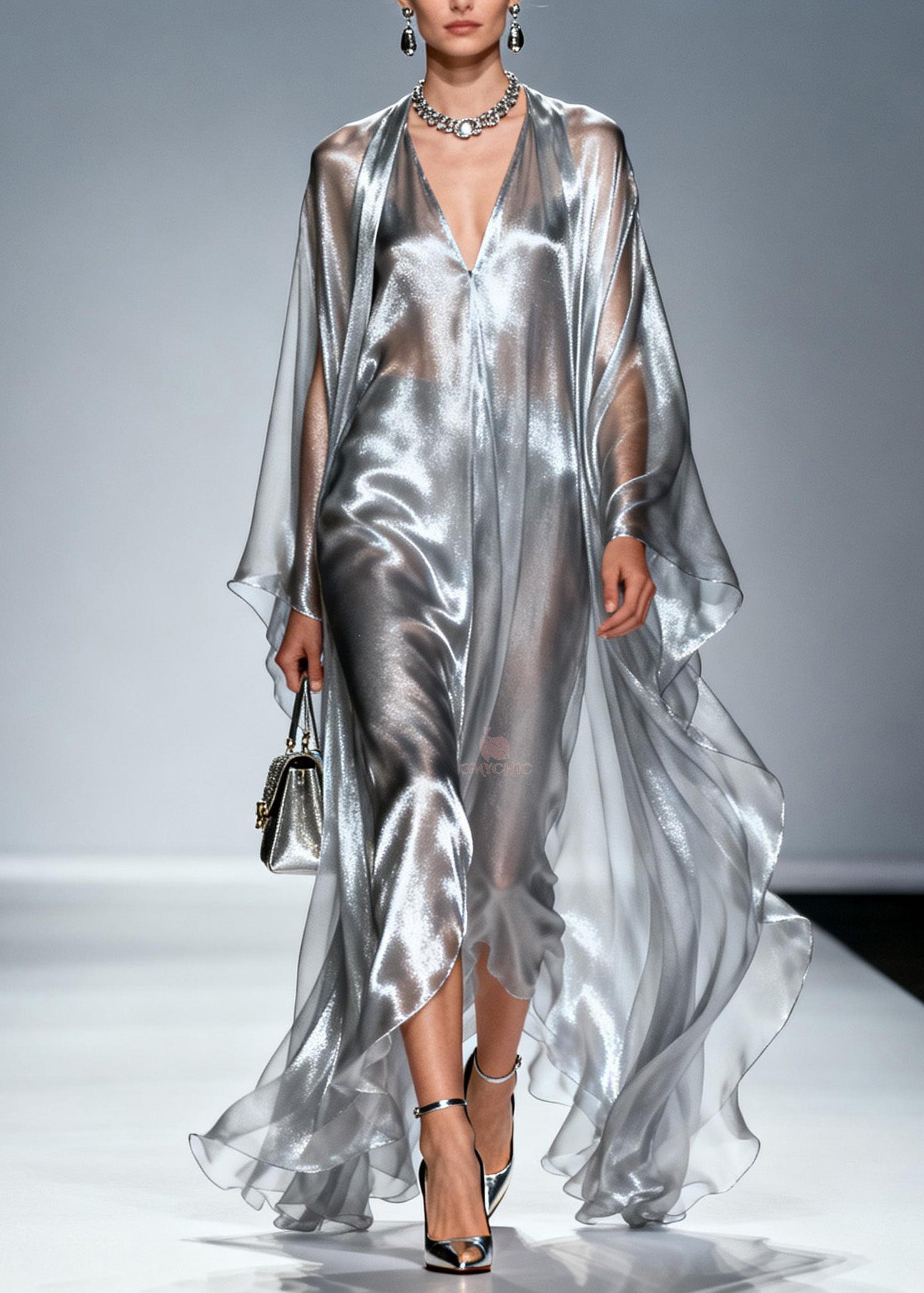 Metallic Sheer Deep V-Neck Floor Length Cape Sleeve Maxi Gown