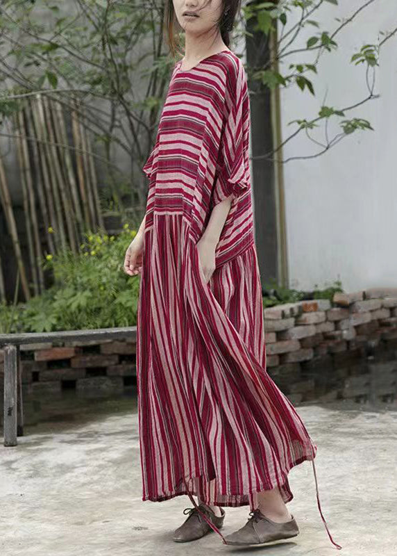 Striped Round Neck Batwing Sleeve Gathered Waist Maxi Dress