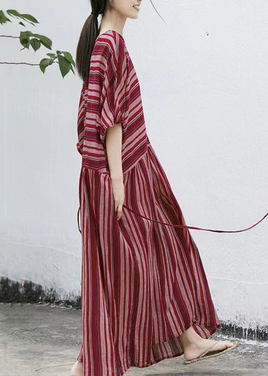 Striped Round Neck Batwing Sleeve Gathered Waist Maxi Dress