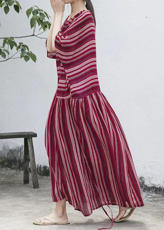 Striped Round Neck Batwing Sleeve Gathered Waist Maxi Dress