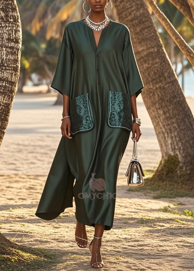 V-Neck Button Front Kimono Sleeve Jacquard Patch Pocket Maxi Dress