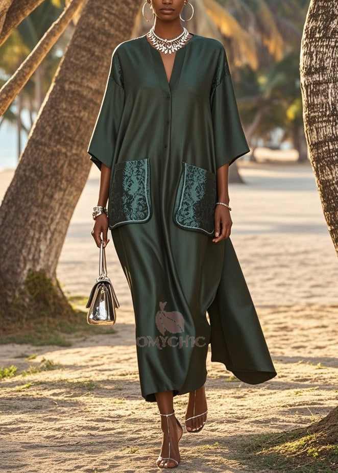V-Neck Button Front Kimono Sleeve Jacquard Patch Pocket Maxi Dress