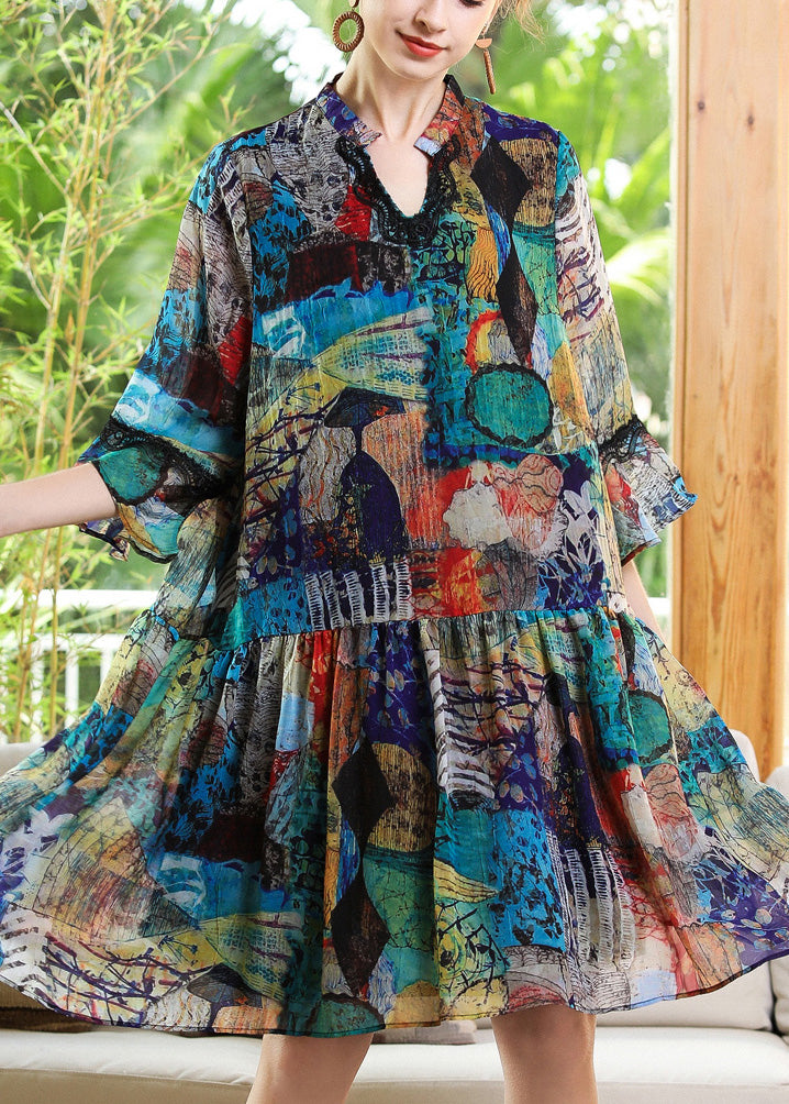 Abstract Print V-Neck Lace Trim Flare Sleeve Ruffle Hem Chiffon Mini Dress