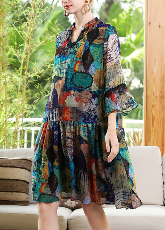 Loose V Neck Print Patchwork Chiffon Maxi Dress Long Sleeve - View 2