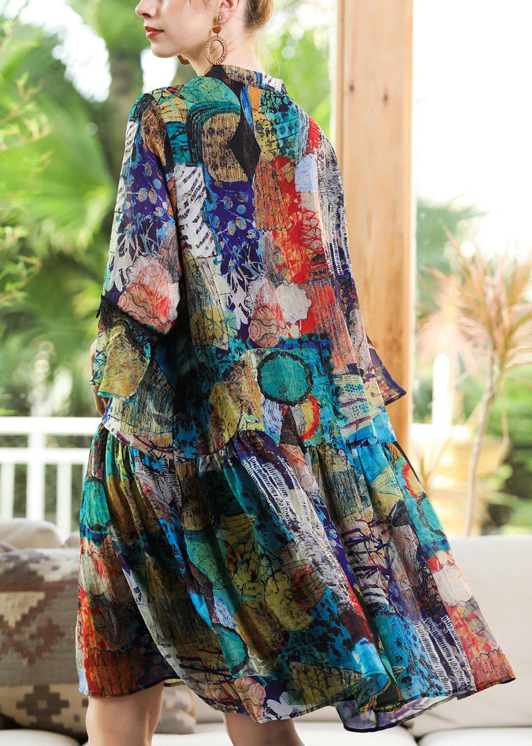 Loose V Neck Print Patchwork Chiffon Maxi Dress Long Sleeve - View 4