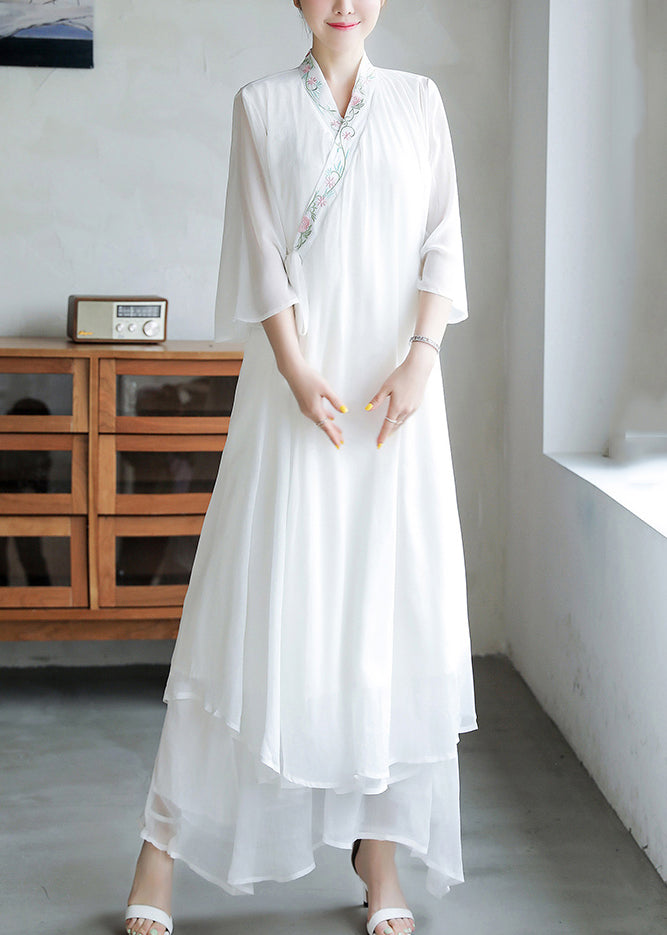 Chiffon Floral Embroidered Cross Wrap V-Neck Bell Sleeve Layered Tier Hem Maxi Dress