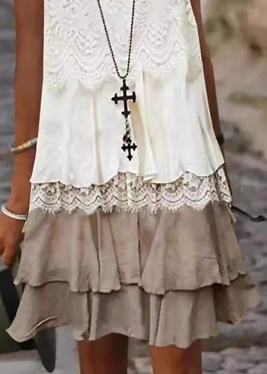 Lace Panel Scoop Neck Sleeveless Tiered Ruffle Mini Dress