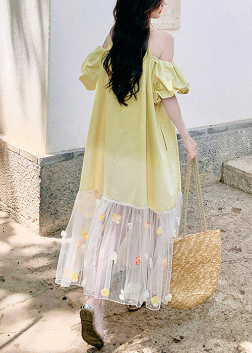 Cold Shoulder Puff Sleeve Tulle Floral Appliqué Ruffle Hem Midi Dress