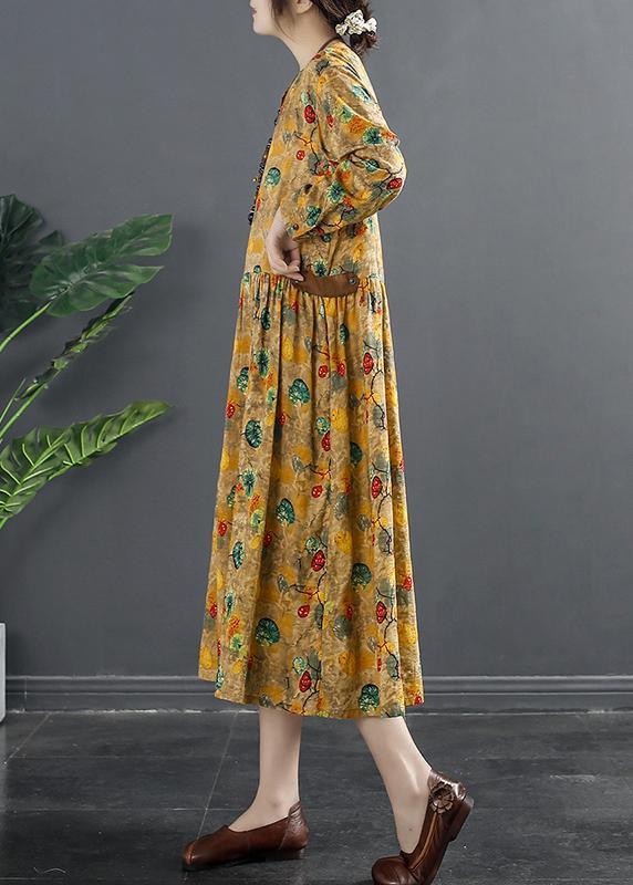 Loose Yellow Print Clothes For Women Pockets Baggy Spring Dresses