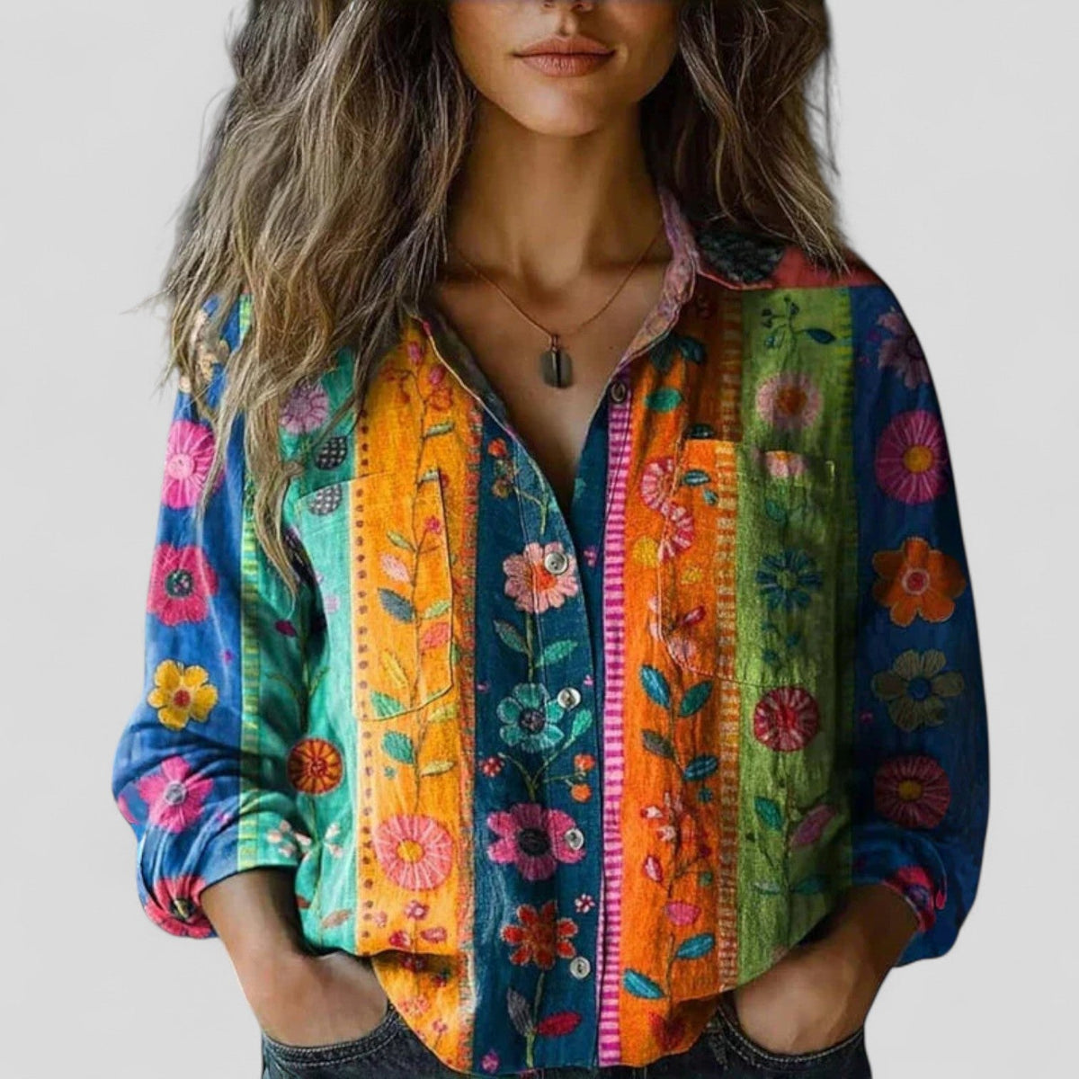 Floral Stripe Long Sleeve Button Front Collared Blouse
