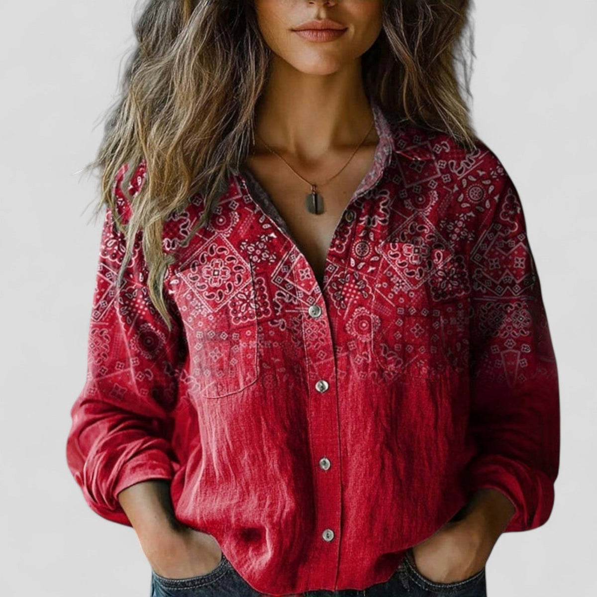Floral Stripe Long Sleeve Button Front Collared Blouse