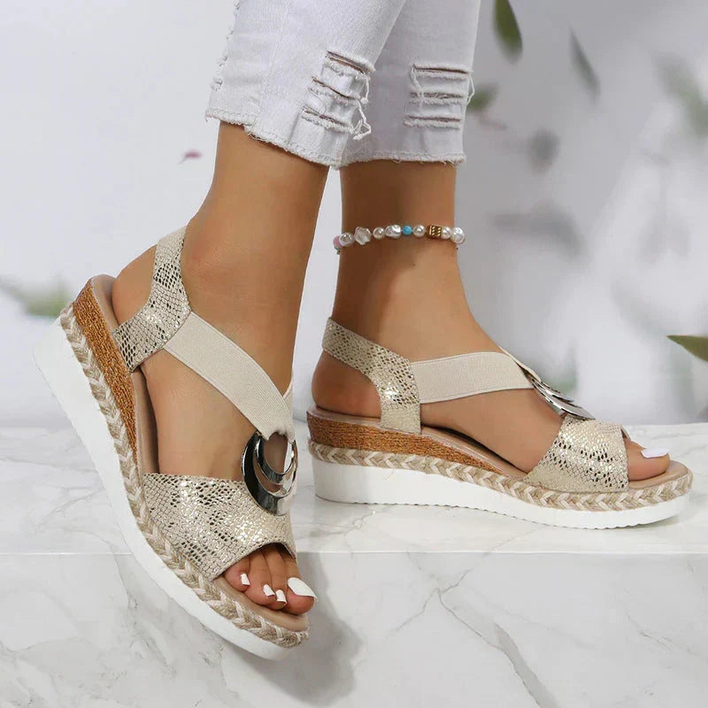 Snake Print Ring Buckle Open Toe Espadrille Wedge Sandals