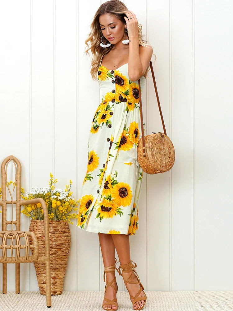 Lossky Sunflower Strapless Button Backless Floral Clothes Midi Dresses