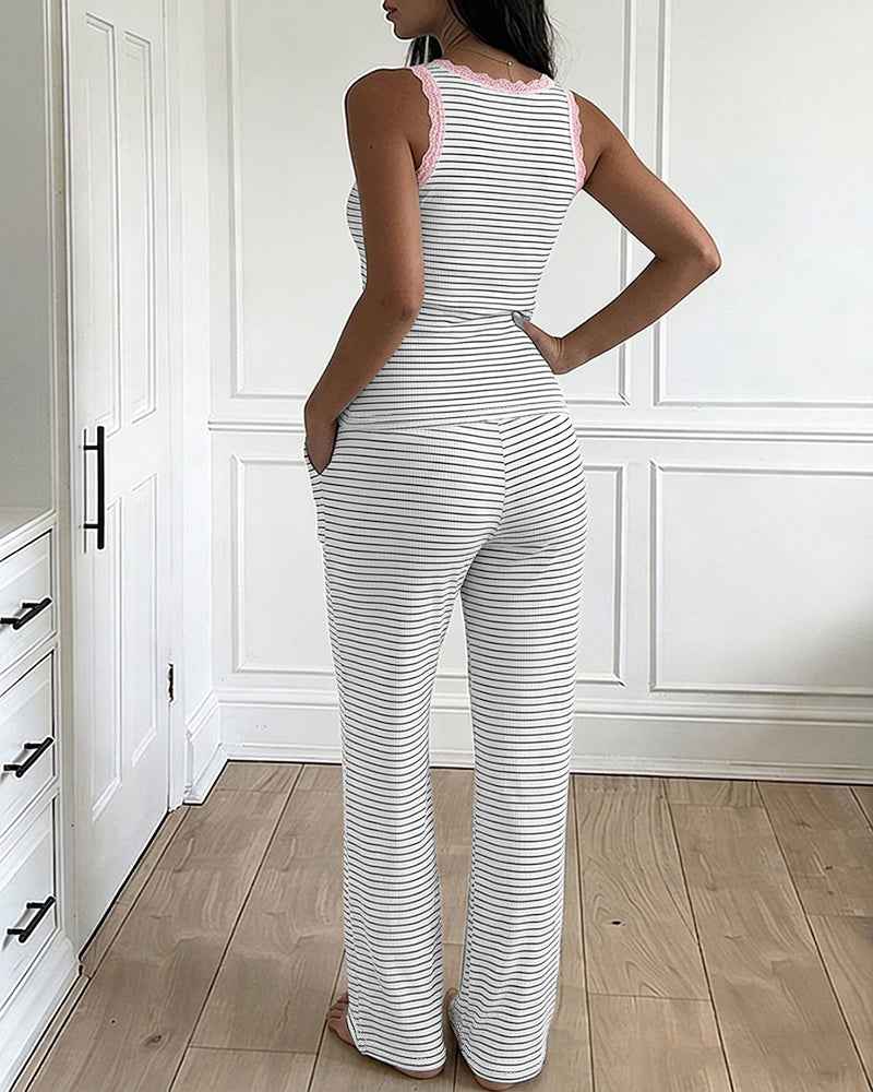 Women's Rib Knit Pajamas with Lace Trim & Pockets for Comfort