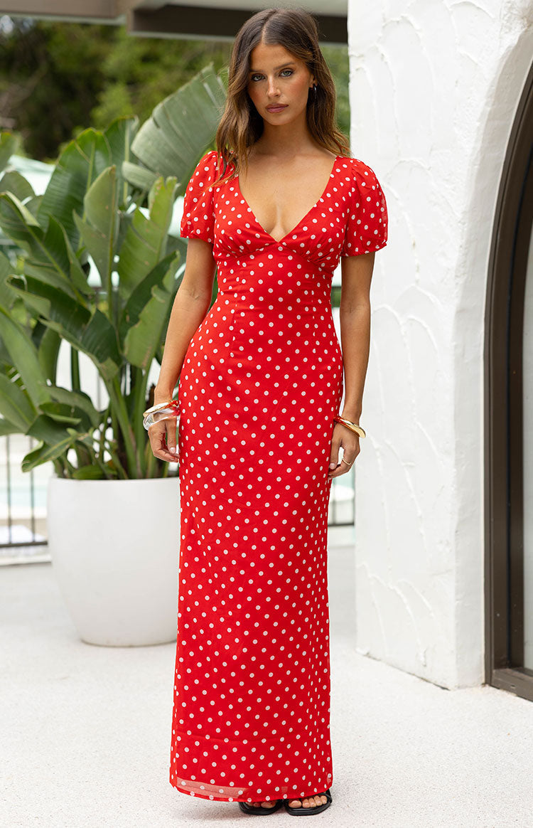 Polka Dot Deep V-Neck Puff Short Sleeve Bodycon Maxi Dress 5