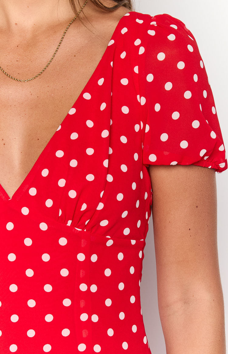 Polka Dot Deep V-Neck Puff Short Sleeve Bodycon Maxi Dress 17