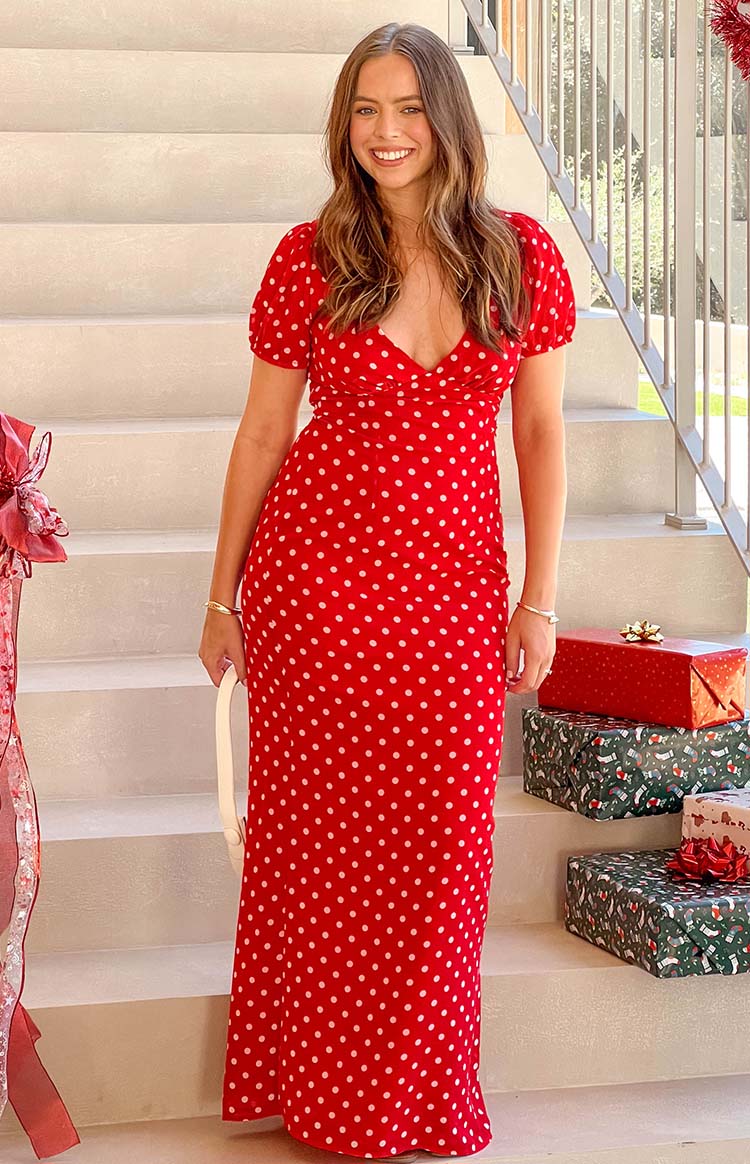 Polka Dot Deep V-Neck Puff Short Sleeve Bodycon Maxi Dress 10