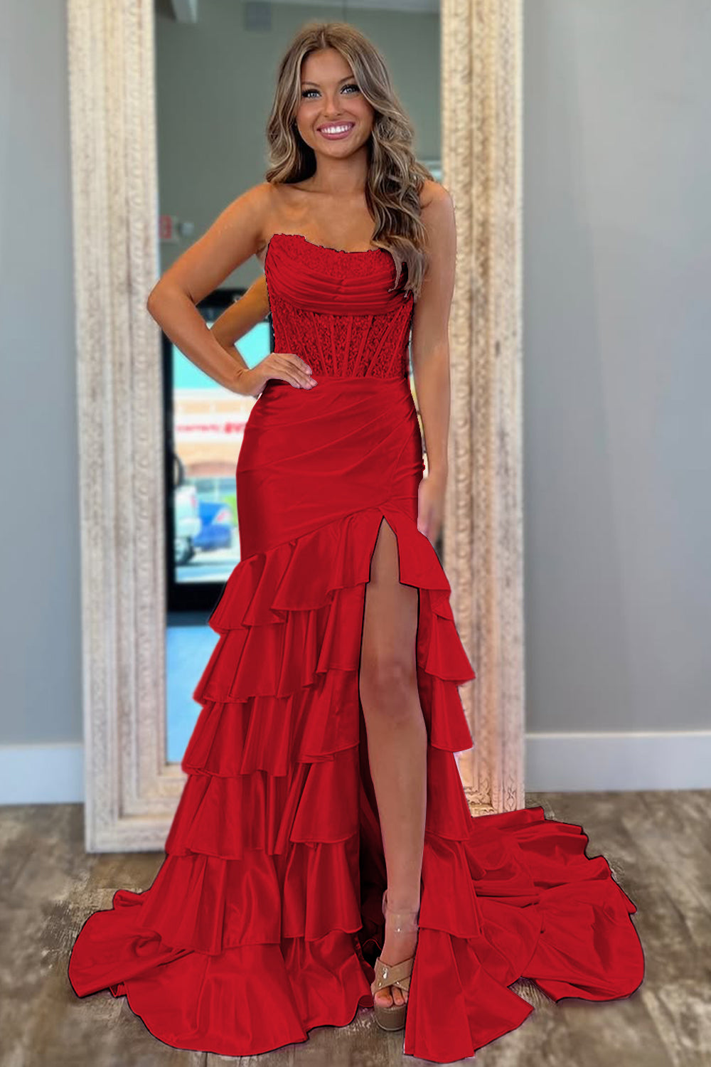 Stylish Pink Mermaid Strapless Long Tiered Satin Prom Dress with Sequin
