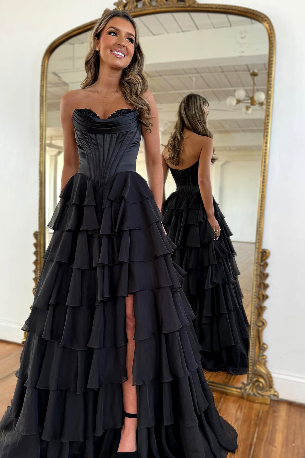 Lovely Yellow A-Line Sweetheart Long Tiered Prom Dress with Slit