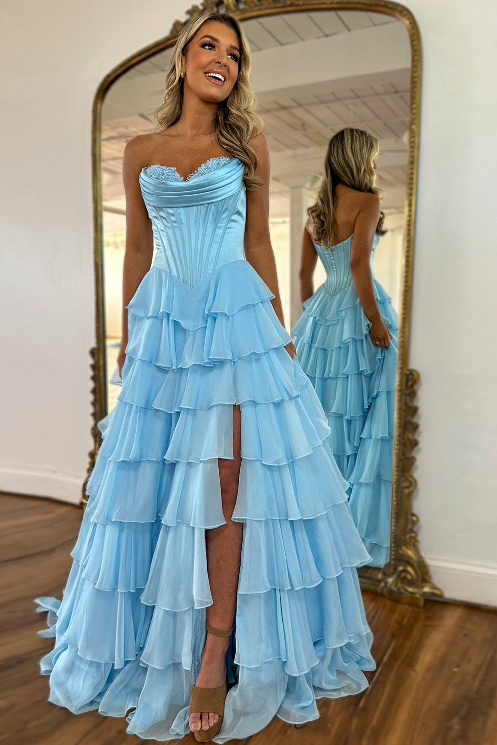 Lovely Yellow A-Line Sweetheart Long Tiered Prom Dress with Slit