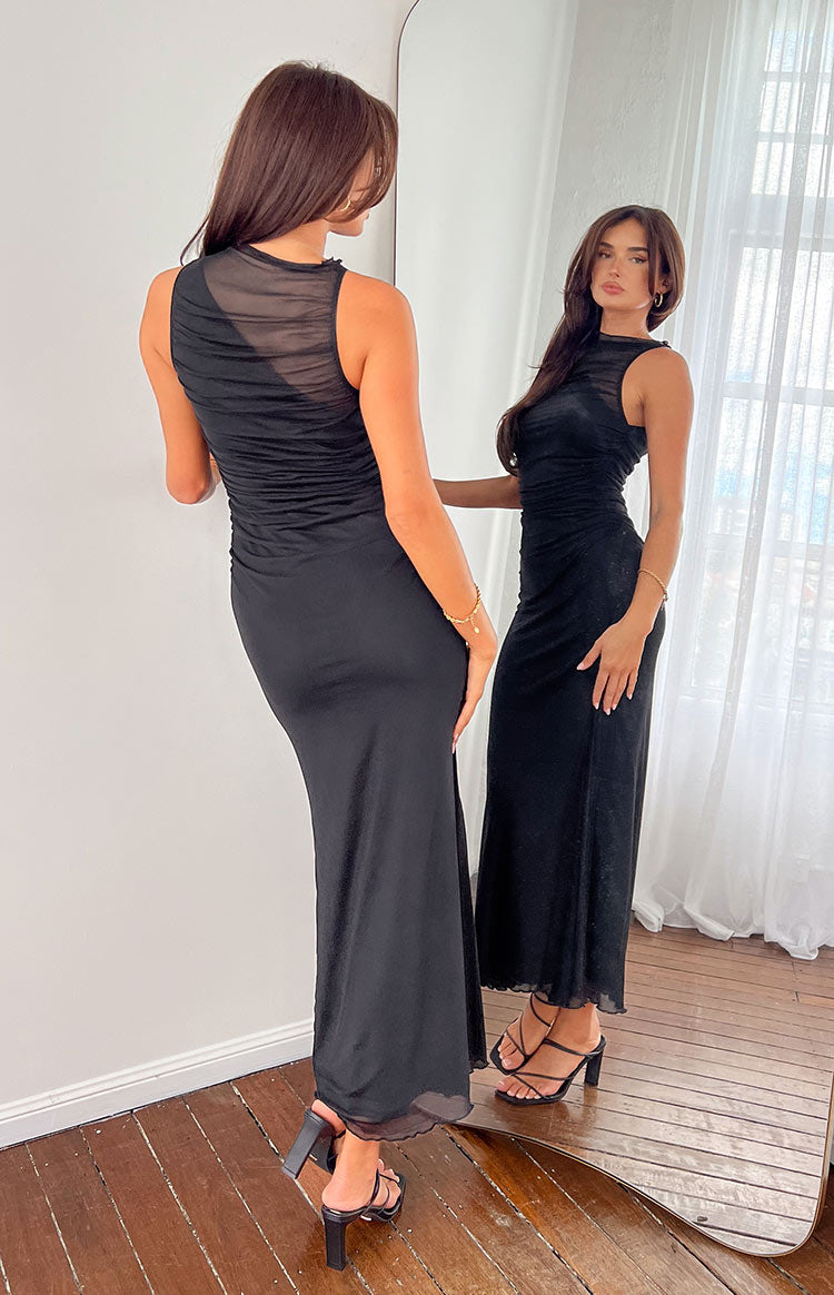 High Neck Sleeveless Sheer Mesh Panel Ruched Bodycon Maxi Dress 8
