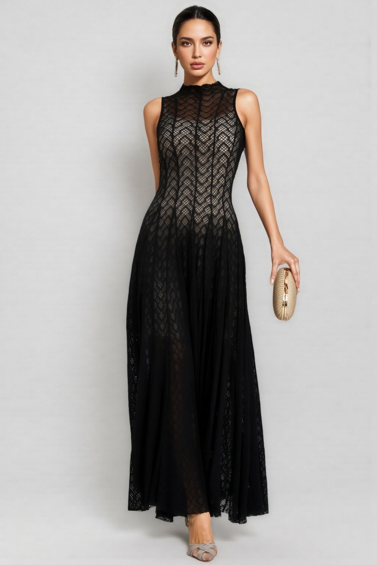 Sheer Chevron Lace Mock Neck Sleeveless Fit and Flare Maxi Dress
