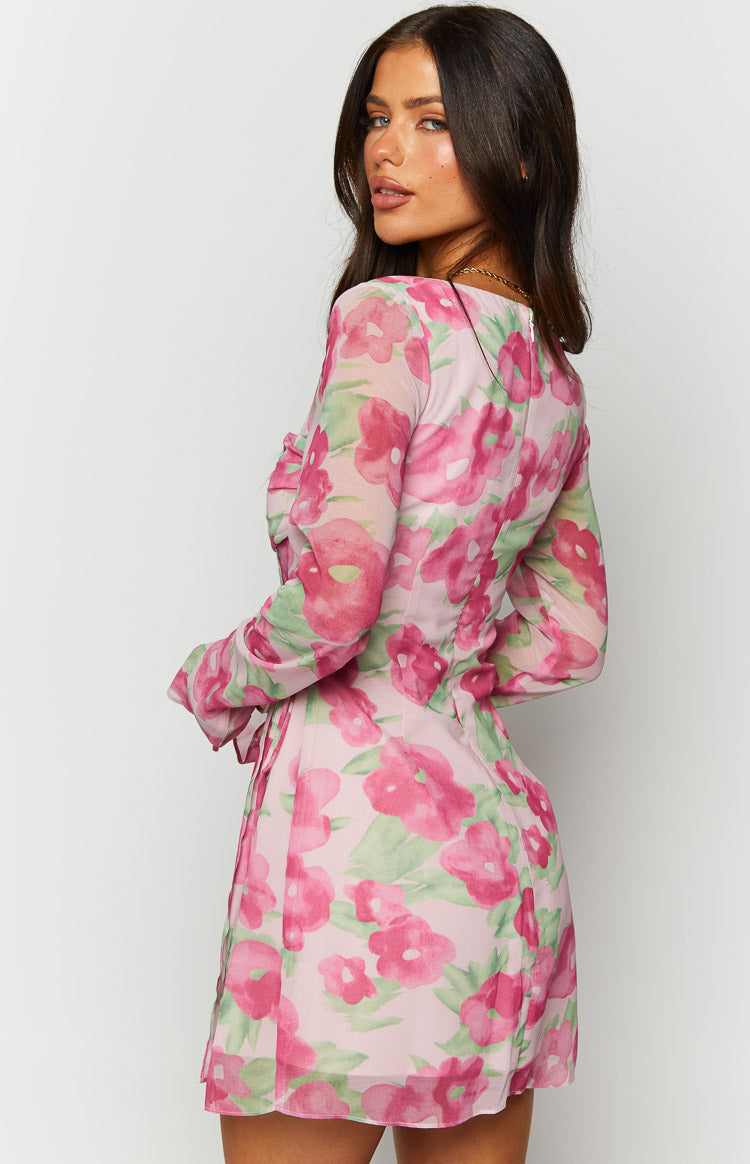 Floral Print Square Neck Long Sleeve Side Tie Mini Dress 7