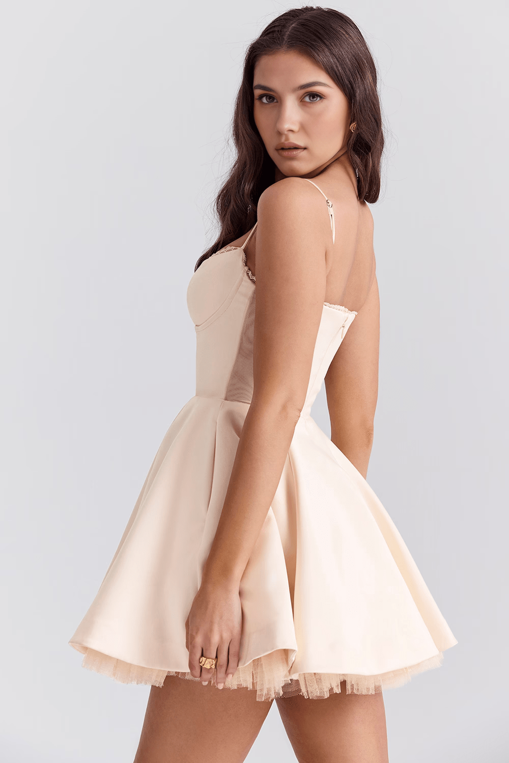 Sweetheart Neck Corset Spaghetti Strap Satin Fit and Flare Mini Dress