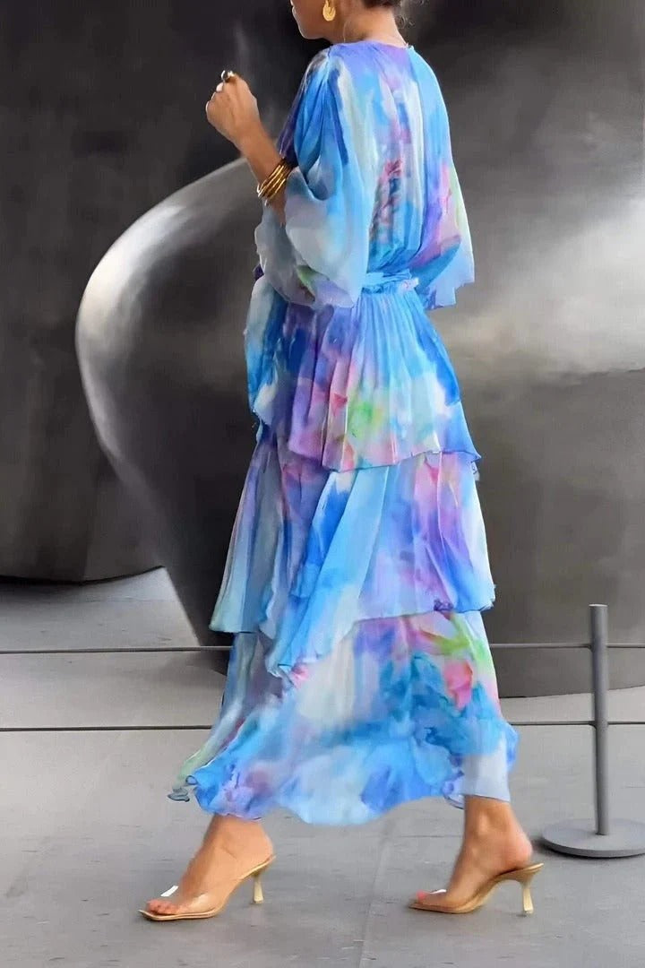 V-Neck Tie Front Tiered Ruffle Maxi Dress 3