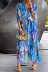 V-Neck Tie Front Tiered Ruffle Maxi Dress