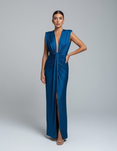 Satin Deep V-Neck Ruched High Split Maxi Dress Formal