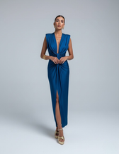 Satin Deep V-Neck Ruched High Split Maxi Dress Formal 2